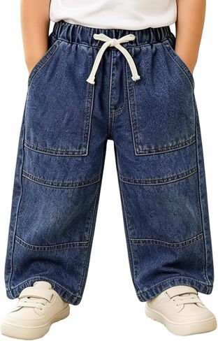 CM C&M WODRO Toddler Baby Boys Jeans Elastic Waist Wide Leg Denim Pants with Embroidery and Pockets Kid Casual Pull-On Jeans in Kuwait