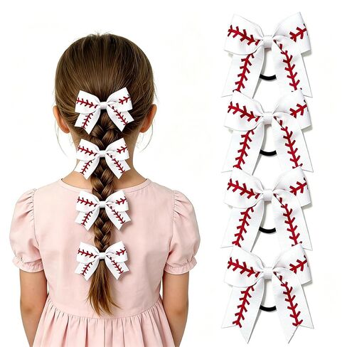 Baseball Bows for Girls with Elastic Hair Ties, 4 Pack White Red Grosgrain Ribbon Ponytail Holders for Toddlers, Kids & Teens in Kuwait