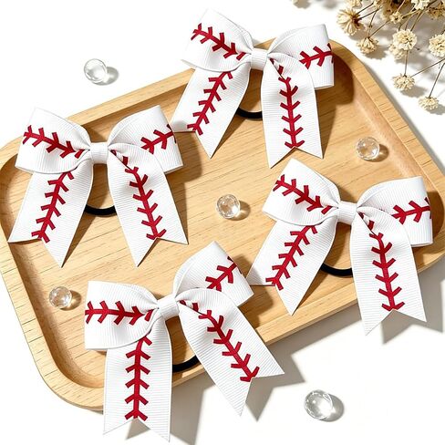 Baseball Bows for Girls with Elastic Hair Ties, 4 Pack White Red Grosgrain Ribbon Ponytail Holders for Toddlers, Kids & Teens in Kuwait