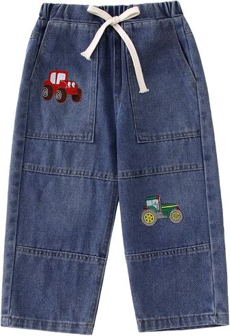 IZYJOY Toddler Boy Baggy Jeans Kids Straight Wide Leg Denim Pants Tractor Embroidery Loose Casual Trousers with Pockets in Kuwait