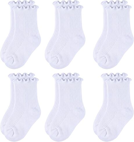 Dicry Toddler Girls Ruffle Socks, 6 Pairs Combed Cotton Baby Frilly Ribbed Ankle Socks in Kuwait