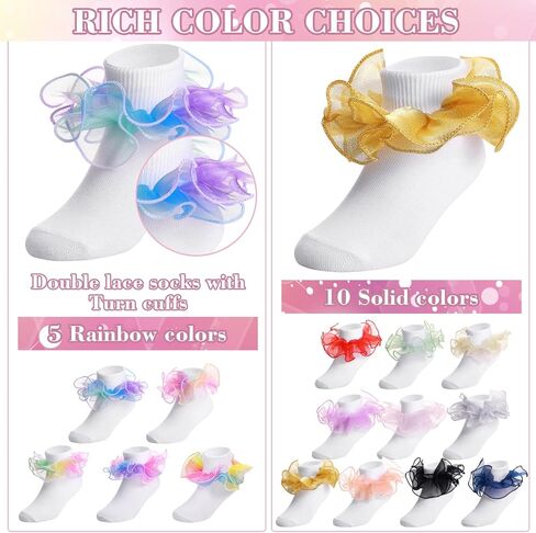 Lasnten 15 Pairs Ruffle Socks for Toddler Girls Double Lace Socks Bulk Turn Cuff Big Ruffle Lace Cute for Infant Toddler Kids in Kuwait