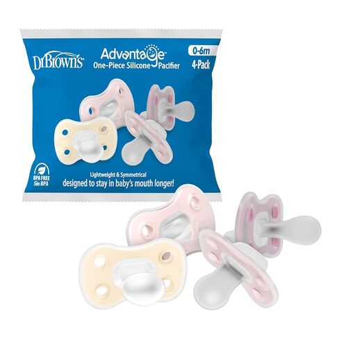 Dr. Brown's Advantage One-Piece Silicone Baby Pacifier, Fully Symmetrical Soother, Ecru/Light-Pink/Pink, 0-6M, BPA-Free, 4-Pack in Kuwait