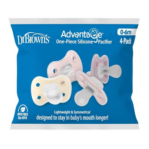 Dr. Brown's Advantage One-Piece Silicone Baby Pacifier, Fully Symmetrical Soother, Ecru/Light-Pink/Pink, 0-6M, BPA-Free, 4-Pack in Kuwait