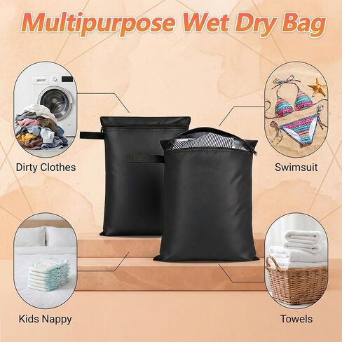 2PCS Water Resistant Wet Dry Bag 12x16" Waterproof Reusable Swim Clothes Storage Bags Small Swimsuit Dirty Clothes Laundry Bag Zippered Pockets with Handle for Baby Items and Travel, Machine Washable in Kuwait