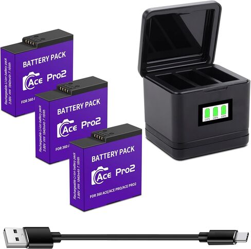 3-Pack Ace Pro 2/ Ace Pro Battery, 3-Channel Fast Charger Hub 1800mAh/6.93W | with USB-C Charging Cable Upgrade for Insta360 Ace Pro 2/Ace Pro/Ace Action Camera in Kuwait