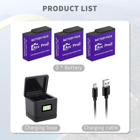 3-Pack Ace Pro 2/ Ace Pro Battery, 3-Channel Fast Charger Hub 1800mAh/6.93W | with USB-C Charging Cable Upgrade for Insta360 Ace Pro 2/Ace Pro/Ace Action Camera in Kuwait