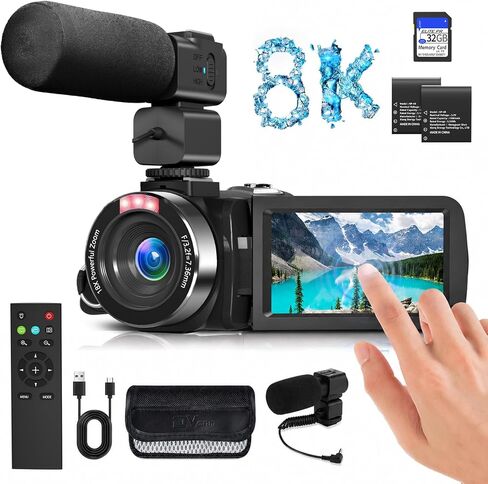 8K Video Camera 48MP UHD WiFi Vlogging Cameras for YouTube with 32GB Card | Recorder with 18X Digital Zoom, IR Night Vision,3.0-inch Touch Screen Camcorder,Microphone, Lens Hood, Stabilizer, Batteries in Kuwait
