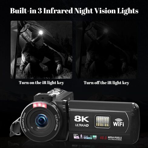 8K Video Camera 48MP UHD WiFi Vlogging Cameras for YouTube with 32GB Card | Recorder with 18X Digital Zoom, IR Night Vision,3.0-inch Touch Screen Camcorder,Microphone, Lens Hood, Stabilizer, Batteries in Kuwait