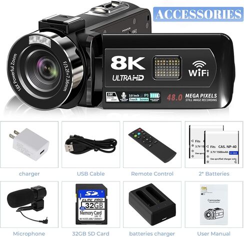 8K Video Camera 48MP UHD WiFi Vlogging Cameras for YouTube with 32GB Card | Recorder with 18X Digital Zoom, IR Night Vision,3.0-inch Touch Screen Camcorder,Microphone, Lens Hood, Stabilizer, Batteries in Kuwait