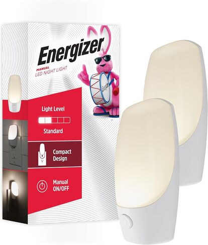 Energizer Manual On/Off LED Night Light Plug-in, Push Button, Compact, Contemporary, for Bedroom, Livingroom, Hallway, Bathroom, Nursery, Basement, White, 84135, 2 Pack in Kuwait
