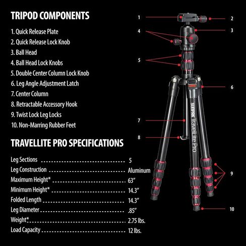 Sunpak TravelLite Pro Reverse Folding 63' Tripod Black with red Accents in Kuwait