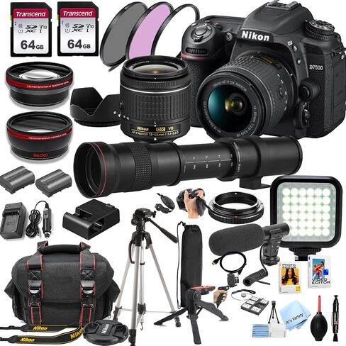 Nikon D7500 DSLR Camera Kit with 18-55mm VR Lens + 420-800mm Super Telephoto Lens + 128GB Memory, LED Light, Microphone, Spare Battery, Filters, Case, Tripod, and More (45pc Video Bundle) (Renewed) in Kuwait