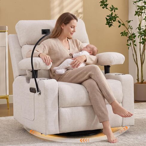 Power Nursery Recliner, Swivel Rocker Glider, Adjustable Armrests | Power Nursery Chair, Swivel Rocker Glider, Electric Reclining, Phone Holder, Cup Holders, Pet-Friendly Fabric, Grey in Kuwait