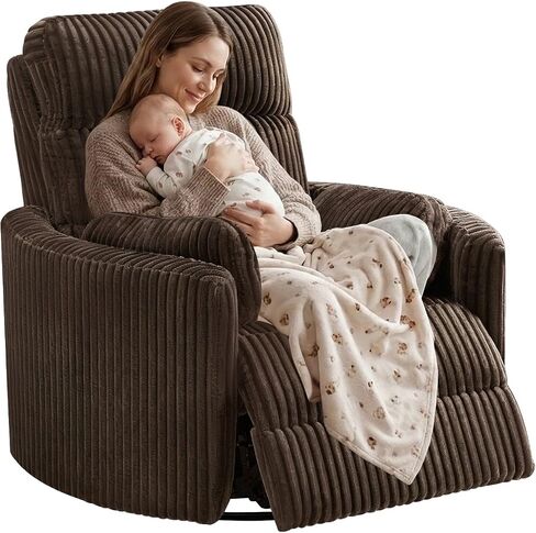 SUNWAVE 40" Oversized Power Nursery Rocking Recliner Barrel Chair, Swivel Nursing Chair with Electric Headrest & Anti-Pinch, Lay-Flat Corduroy Rocking Chair Nursery with USB/Type-C in Kuwait