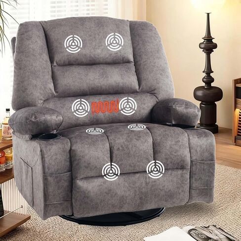 KCQ Overstuffed Swivel Rocker Recliner Chair with Massage and Heat, Fabric Heated Reclining Chairs Manual Recliner with Cup Holder, Nursery Rocking Recliner Glider Chair, Brown in Kuwait