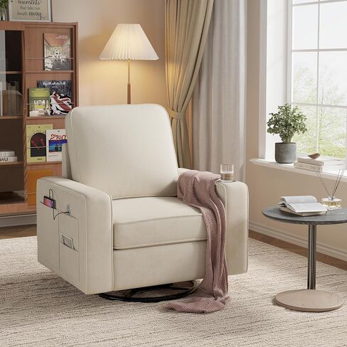 FiveWillowise Swivel Square Accent Chair with Wide Armrests,360°Rotating | Comfy Single Sofa Chairs with USB/Type-C,Cup Holder&Side Pocket,Modern Armchair for Living Room,Bedroom,Reading,Beige White in Kuwait