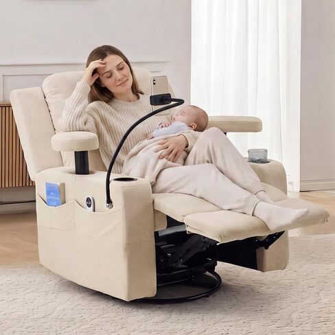 Furnimart Power Rocking Chair Nursery with Adjustable Armrests, Triple Motor Glider Recliner Swivel Nursing Chair for Breastfeeding with Phone Holder, Side Storage, Soft Waterproof Fabric, Beige in Kuwait
