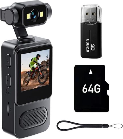 2K Body Camera with 180 Rotatable Lens, 1.54 inch Screen Wearable Video Recorder Bundle Includes 64GB TF Card, Card Reader, Lanyard, Motion Detection Loop Recording for Security in Kuwait