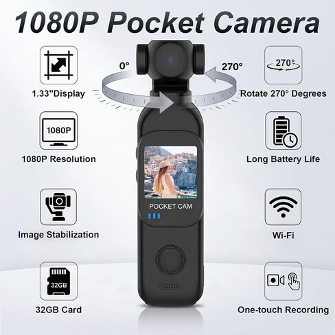 Body Camera with Audio & Video Recording Vlogging Camera Handheld POV Cameras with 270° Rotating Lens 1080P Pocket Body Cam with External Charging Pod Portable Video Recorder for Outdoor/Sports-32GB in Kuwait