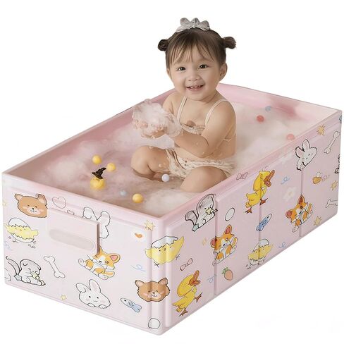 Foldable Baby Bathtub with Cute Animal Print, Portable Infant Bath Tub ，31.5x17.7x9.8 Inch Expanded (Pink) in Kuwait
