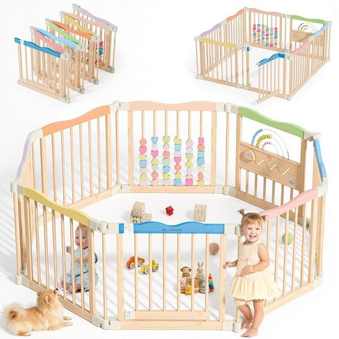 Foldable Wooden Playpen - Adjustable Wood Baby Play Yard with Child-Proof Lock, Indoor Large Safety Fence for Babies and Toddlers - Easy Assembly, 55 x 55 x 24 inches, Rainbow Dream, Natural in Kuwait