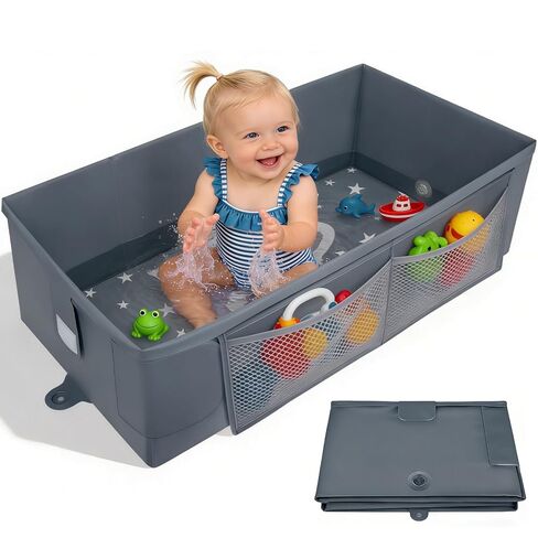 Collapsible Baby Bathtub, Foldable Toddler Bath Tub with Toy Net | No Assembly Portable Travel Bathtub for 6M-5Y Old Kids, Space Saving Shower Tub for Home, Travel & Baby Registry Gift (Grey) in Kuwait