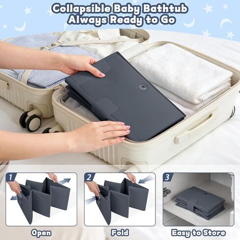Collapsible Baby Bathtub, Foldable Toddler Bath Tub with Toy Net | No Assembly Portable Travel Bathtub for 6M-5Y Old Kids, Space Saving Shower Tub for Home, Travel & Baby Registry Gift (Grey) in Kuwait