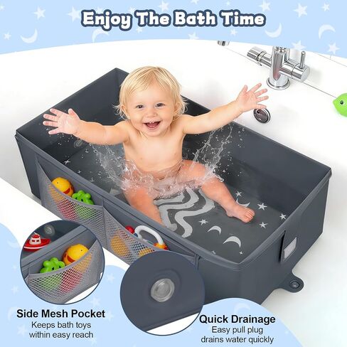 Collapsible Baby Bathtub, Foldable Toddler Bath Tub with Toy Net | No Assembly Portable Travel Bathtub for 6M-5Y Old Kids, Space Saving Shower Tub for Home, Travel & Baby Registry Gift (Grey) in Kuwait