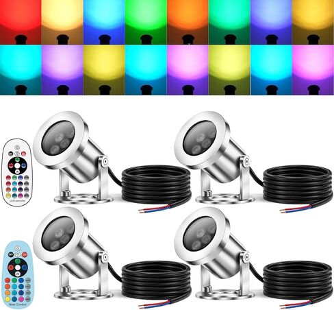 LED Pond Lights with Dual Remote Control, 6W SS316 Stainless Steel RGB Underwater Fountain Light, IP68 Waterproof Submersible LED Lights for Pond Waterfall, Koi Fish Pond (4 Pack) in Kuwait
