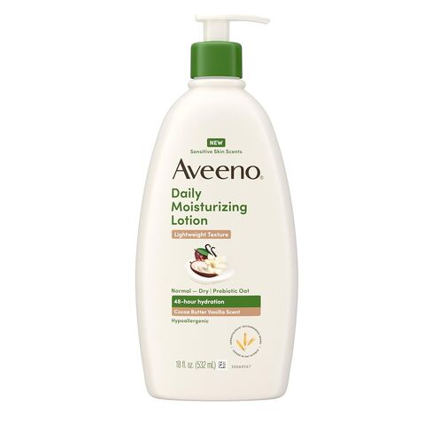 Aveeno Daily Moisturizing Lotion with A Cocoa Butter Vanilla Scent & Soothing Prebiotic Oat, Lightweight Lotion Provides 48-Hour Hydration for Sensitive Skin, Hypoallergenic, 18 fl. oz in Kuwait