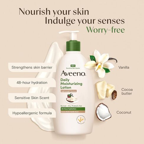 Aveeno Daily Moisturizing Lotion with A Cocoa Butter Vanilla Scent & Soothing Prebiotic Oat, Lightweight Lotion Provides 48-Hour Hydration for Sensitive Skin, Hypoallergenic, 18 fl. oz in Kuwait