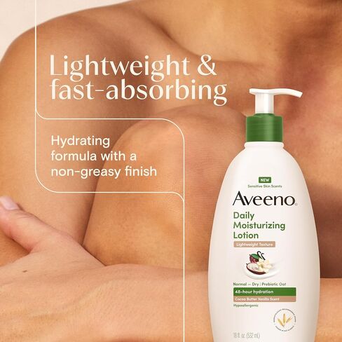 Aveeno Daily Moisturizing Lotion with A Cocoa Butter Vanilla Scent & Soothing Prebiotic Oat, Lightweight Lotion Provides 48-Hour Hydration for Sensitive Skin, Hypoallergenic, 18 fl. oz in Kuwait