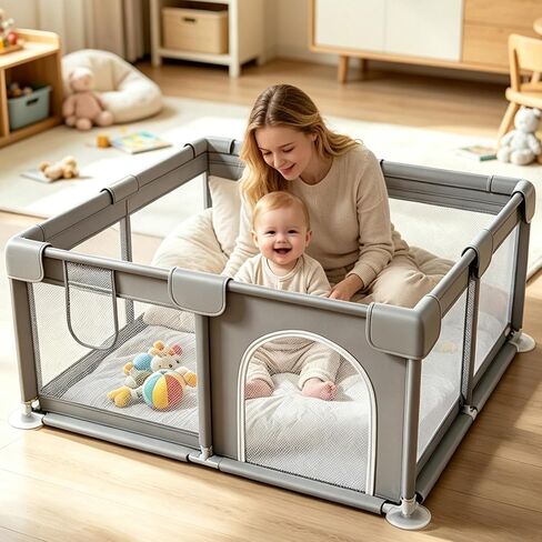 Large Play Yard 47x47 Playpen, Safe Anti-Fall Design, Breathable Mesh, Indoor & Outdoor Use, Easy Assembly, Grey in Kuwait