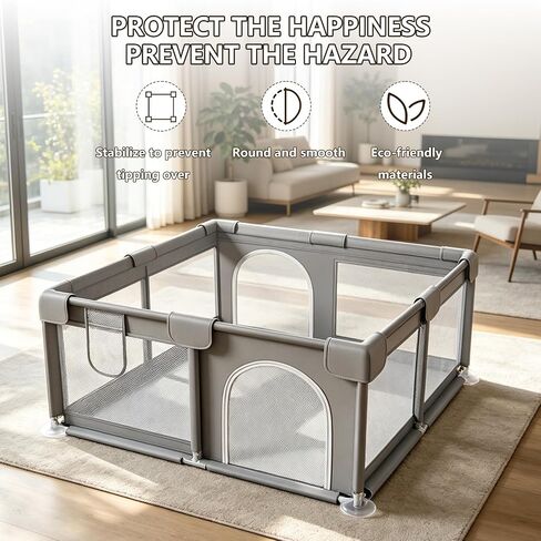 Large Play Yard 47x47 Playpen, Safe Anti-Fall Design, Breathable Mesh, Indoor & Outdoor Use, Easy Assembly, Grey in Kuwait