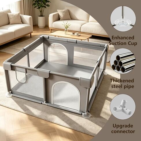 Large Play Yard 47x47 Playpen, Safe Anti-Fall Design, Breathable Mesh, Indoor & Outdoor Use, Easy Assembly, Grey in Kuwait