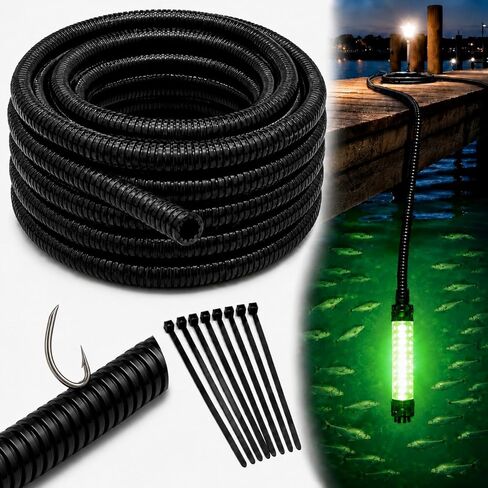 30FT Underwater Fish Light Wire Protector, Black Cable Shield for Fishing Light Systems, Protects Wire from Hooks and Marine Life, Extends System Life, with 12 Zip Ties in Kuwait