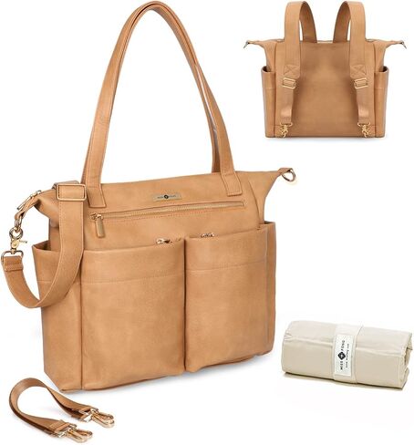 miss fong Diaper Bag Tote Baby Bag Leather Diaper Bag Backpack Large Diaper Tote Bag with 11 Pockets Changing Pad, Stroller Straps,4 Insulated Pockets in Kuwait