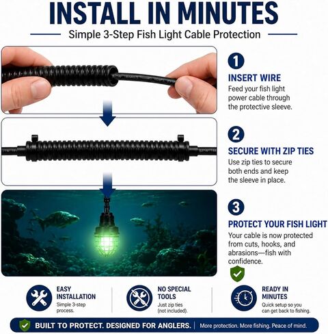 30FT Underwater Fish Light Wire Protector, Black Cable Shield for Fishing Light Systems, Protects Wire from Hooks and Marine Life, Extends System Life, with 12 Zip Ties in Kuwait