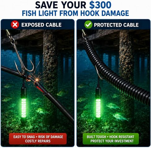 30FT Underwater Fish Light Wire Protector, Black Cable Shield for Fishing Light Systems, Protects Wire from Hooks and Marine Life, Extends System Life, with 12 Zip Ties in Kuwait