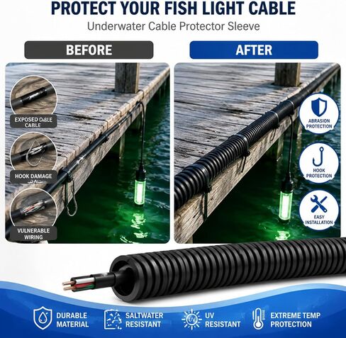 30FT Underwater Fish Light Wire Protector, Black Cable Shield for Fishing Light Systems, Protects Wire from Hooks and Marine Life, Extends System Life, with 12 Zip Ties in Kuwait