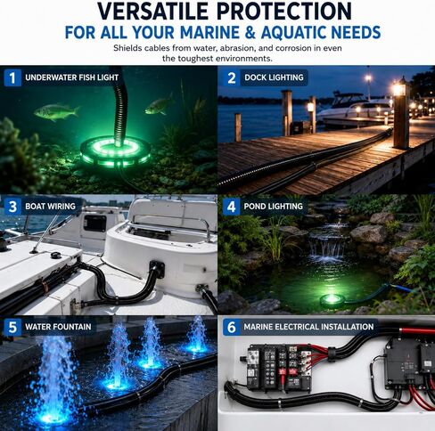 30FT Underwater Fish Light Wire Protector, Black Cable Shield for Fishing Light Systems, Protects Wire from Hooks and Marine Life, Extends System Life, with 12 Zip Ties in Kuwait