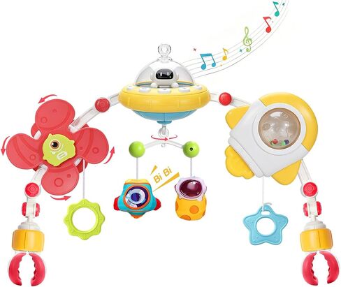 GONINO Baby Stroller Arch Toy, Musical Car Seat Toys for Babies 0-6 Months, Adjustable Crib Mobile with Hanging Sensory Toys for Bassinet & Bouncer, Space Baby Toy with Lights, Newborn Baby Gifts in Kuwait