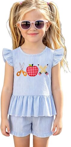 Ritatte Kid Back to School Outfit for Girls Cute Ruffle Sleeve Striped Embroidery Short Set First Day School Summer Clothes in Saudi Arabia