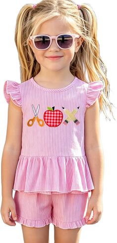 Ritatte Kid Back to School Outfit for Girls Cute Ruffle Sleeve Striped Embroidery Short Set First Day School Summer Clothes in Kuwait