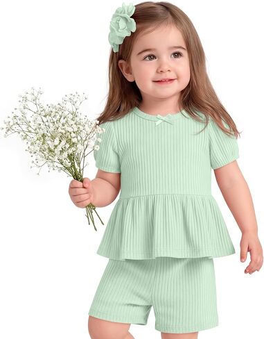 Toddler Girl Outfits 2 Pcs Set | Baby Ribbed Clothes, Summer, Cute Top and Short, Puff Short Sleeve, Ruffle, Bow, Loose, for Playground, Party, Photo, Gifts in Kuwait