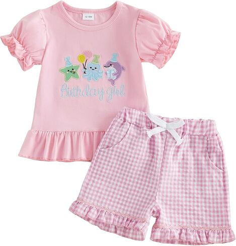 Toddler Girl Birthday Outfit Birthday Girl Animal Embroidery T-shirt Ruffle Plaid Shorts Cake Smash Outfit 1-5T in Kuwait