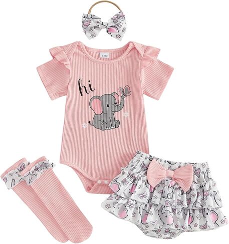 BemeyourBBs Newborn Baby Girl Clothes Summer Short Sleeve Romper Bloomers Shorts Set Leg Warmer Headband Infant 4pcs Outfit in Kuwait