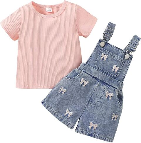 Toddler Baby Girl Summer Clothes Short Sleeve T-Shirt Tops + Denim Suspender Overalls Shorts Set Outfits 12 Months-4T in Kuwait