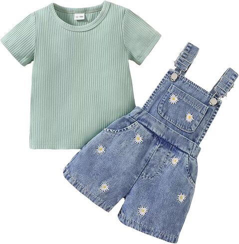Toddler Baby Girl Summer Clothes Short Sleeve T-Shirt Tops + Denim Suspender Overalls Shorts Set Outfits 12 Months-4T in Kuwait